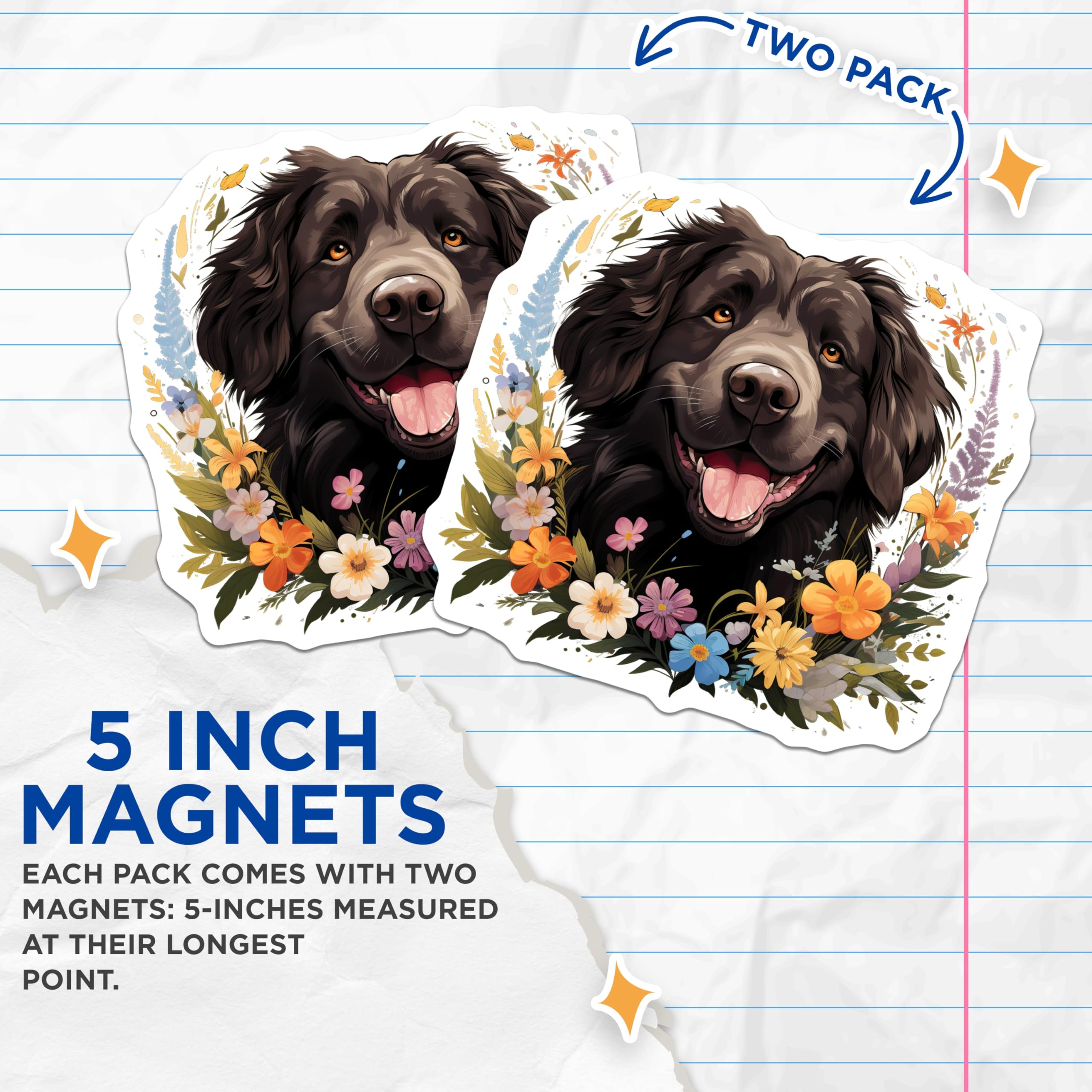 (2 Pack) Black Fluffy Dog Magnets - Floral Canine Art - Dog Mom Decor - Pet Lover Refrigerator Magnet - 5 Inches On Longest Side - Thick Durable Magnet - Made in USA - MAG27475