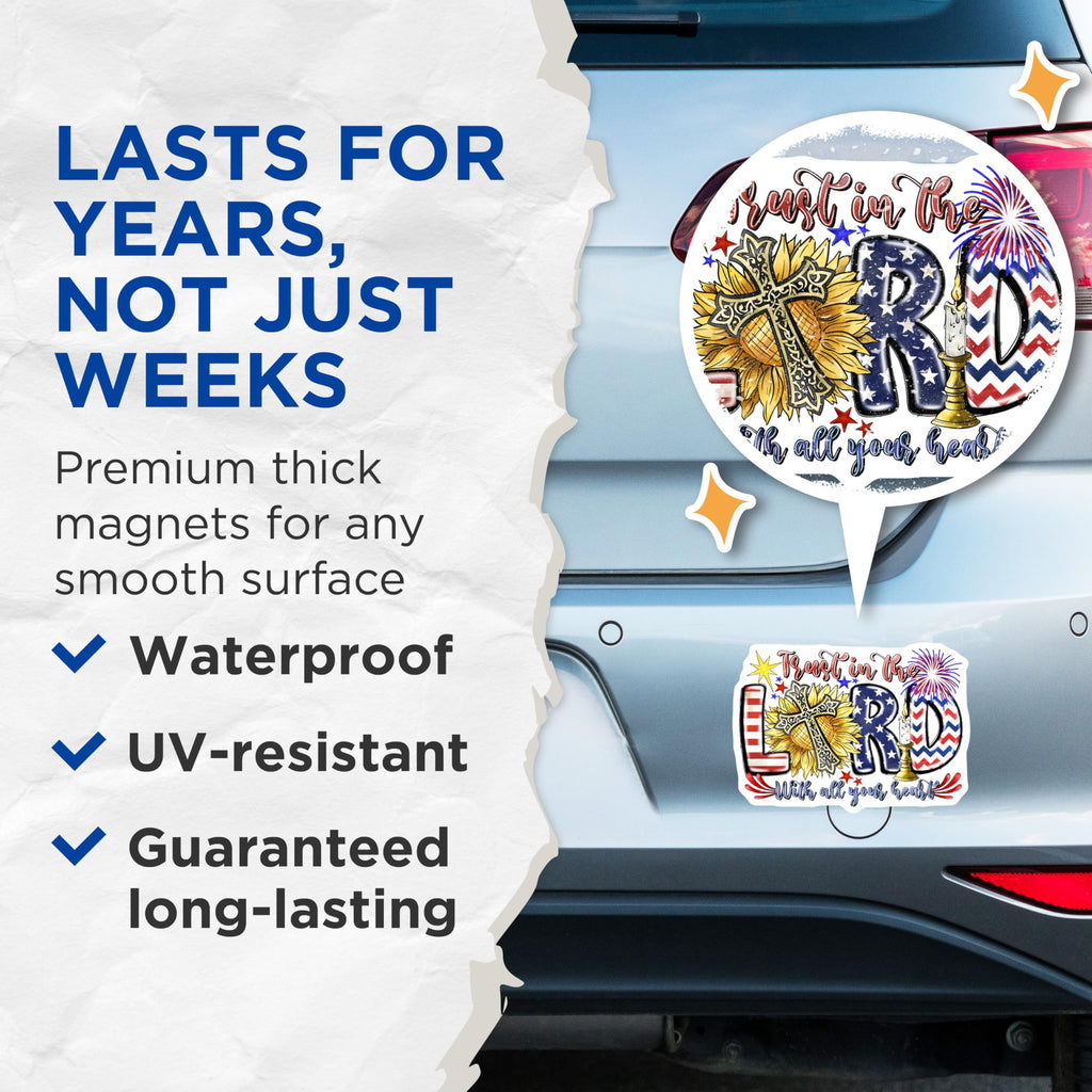 (2 Pack) Trust in the Lord Magnets - Patriotic Sunflower Cross - Americana Christian Fridge Decor - 5 Inches On Longest Side - Thick Durable Magnet - Made in USA - MAG27966