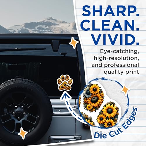 (2 Pack) Sunflower Paw Print Stickers - Floral Paw Decals - Cute Animal Lover - 5" On Longest Side - Sticks to Smooth Flat Surfaces - Made in USA - BMCS7977