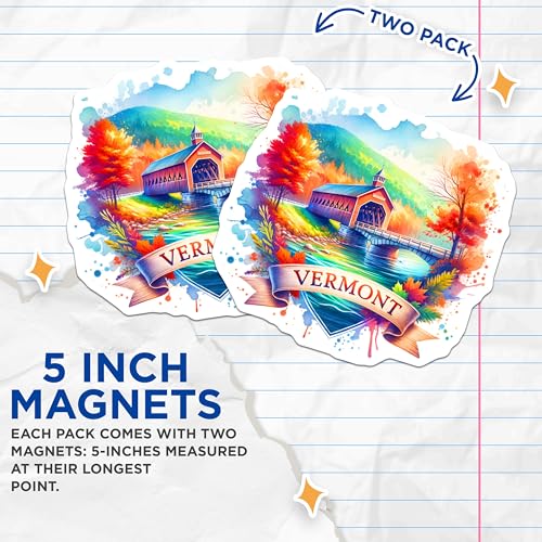 (2 Pack) Vermont Covered Bridge Magnets - Autumn Landscape - New England Souvenir - Scenic Fall Magnet Art - 5" On Longest Side - for Cars, Fridges, Toolboxes - Made in USA - MAG7008