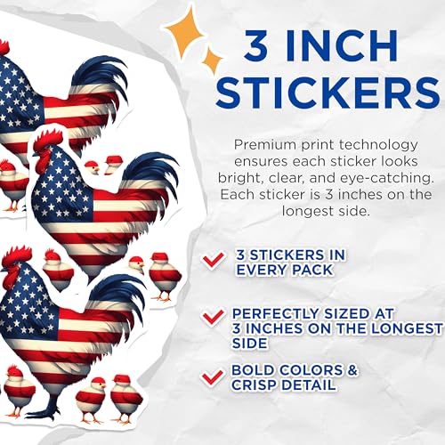 (3 Pack) American Flag Rooster Decals - Patriotic Chicken Laptop Decal - Farm Animal Stickers- 3 Inches On Longest Side - Easy Peel & Apply - Made in USA - 3MCS5896