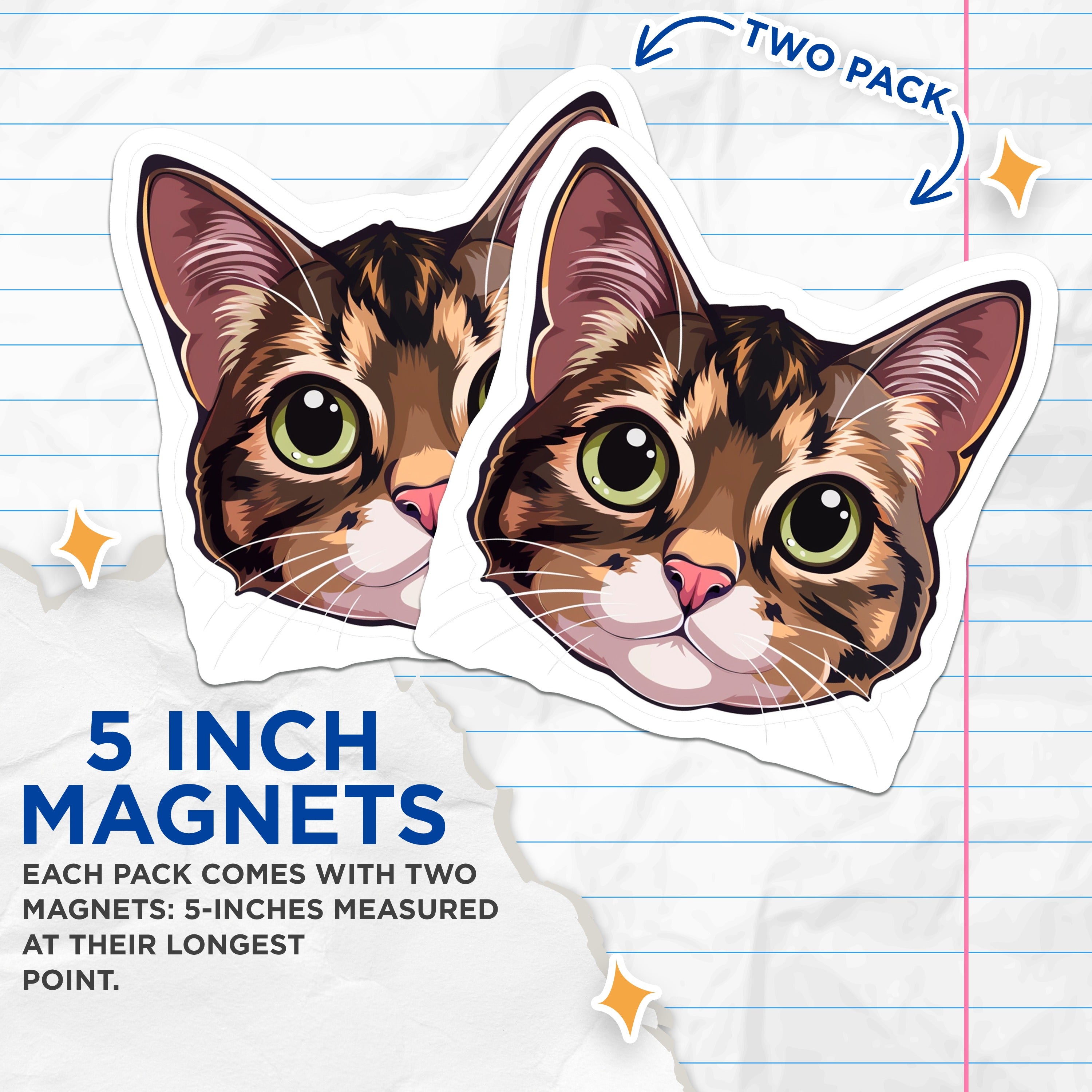 (2 Pack) Cute Tabby Cat Magnets - Feline Lover Refrigerator Decor - Green Eyes Kitty Art - Cat Mom Pet Owner Present - 5 Inches On Longest Side - Thick Durable Magnet - Made in USA - MAG37939