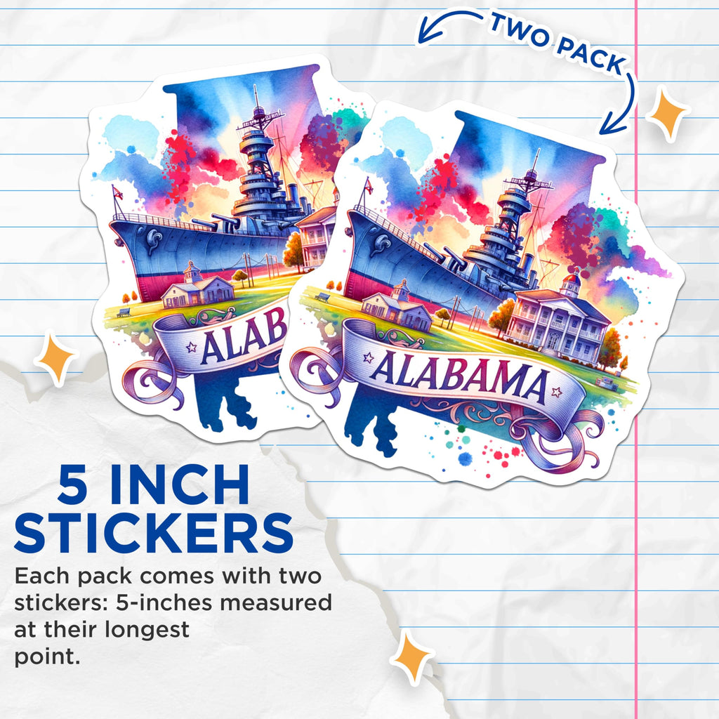 (2 Pack) Alabama Stickers - State Pride Art - Illustrated Ship and Building - 5" On Longest Side - Sticks to Smooth Flat Surfaces - Made in USA - BMCS7162