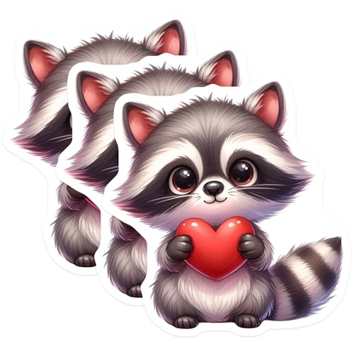 (3 Pack) Raccoon with Heart Decals - Cute Animal Stickers - Laptop Decal - 3 Inches On Longest Side - Easy Peel & Apply - Made in USA - 3MCS2445