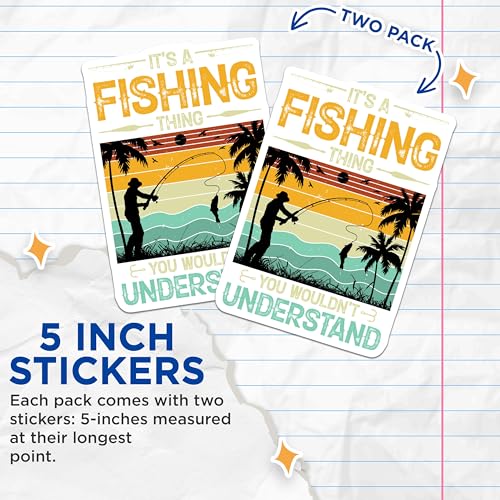 (2 Pack) Fishing Thing Stickers - Retro Fishing Stickers - Fishing Decoration Decals - 5" On Longest Side - Sticks to Smooth Flat Surfaces - Made in USA - BMCS4110