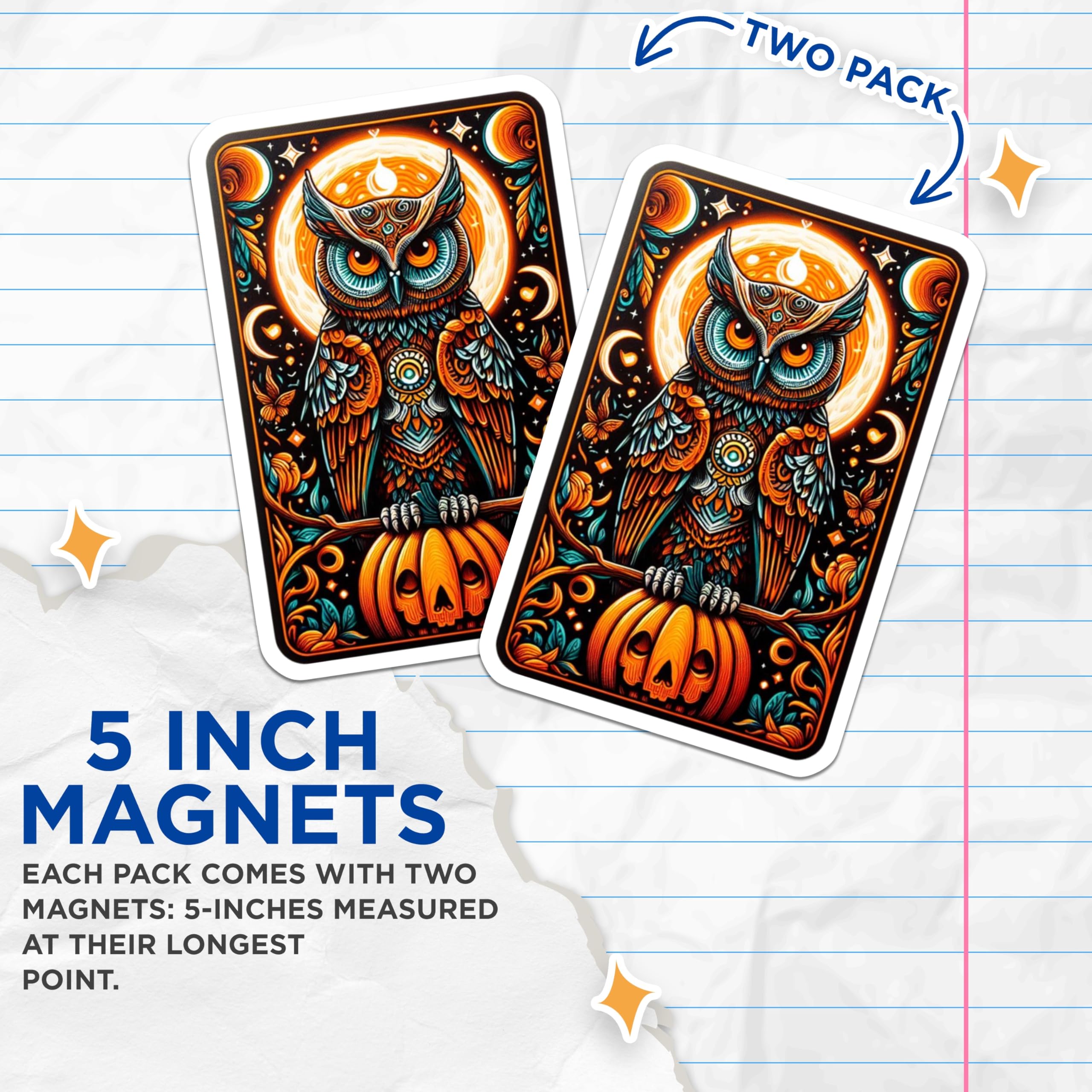 (2 Pack) Mystical Owl Magnets - Halloween Pumpkin Decor - Enchanting Night Art Refrigerator Magnets - 5 Inches On Longest Side - Thick Durable Magnet - Made in USA - MAG21722