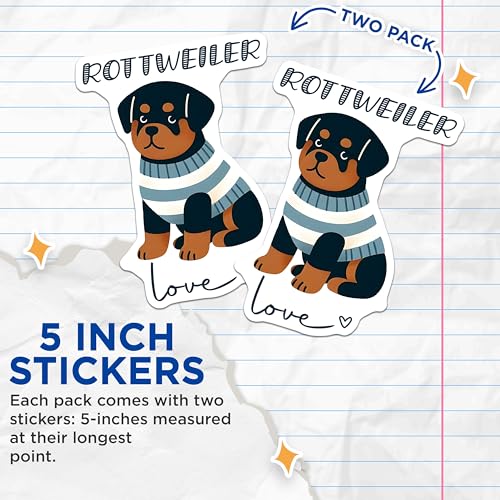 (2 Pack) Rottweiler Love Stickers - Adorable Dog Sticker - Cute Pet Stickers for Animal Lovers - 5" On Longest Side - Sticks to Smooth Flat Surfaces - Made in USA - BMCS7308