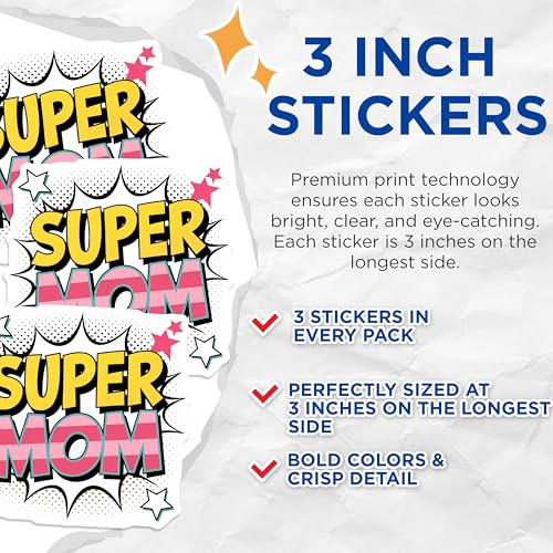 (3 Pack) Super Mom Decals - Comic Style Art - Mother's Day Decals - 3 Inches On Longest Side - Easy Peel & Apply - Made in USA - 3MCS6474