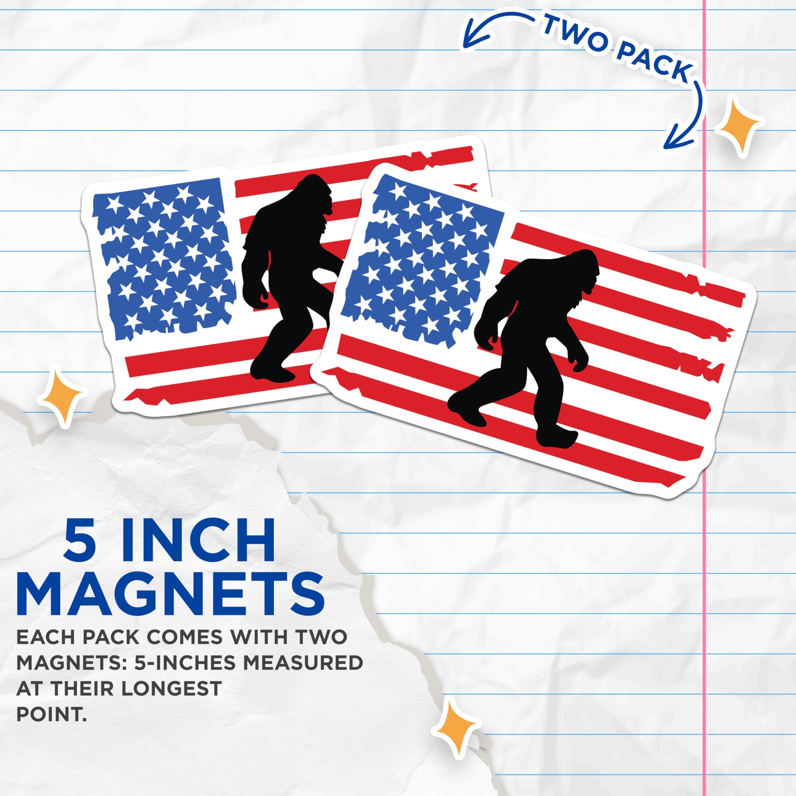 (2 Pack) Bigfoot American Flag Magnets - Patriotic Sasquatch - USA Cryptid Folkloric Art - 5 Inches On Longest Side - Thick Durable Magnet - Made in USA - MAG22338