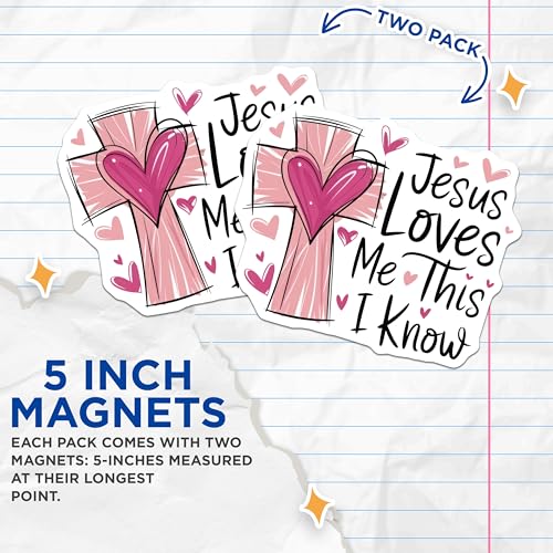 (2 Pack) Jesus Loves Me This I Know Magnets Magnets - Heart Cross Decor - 5" On Longest Side - Made in USA - Sticks to Refrigerators & Metal Surfaces - MAG8930