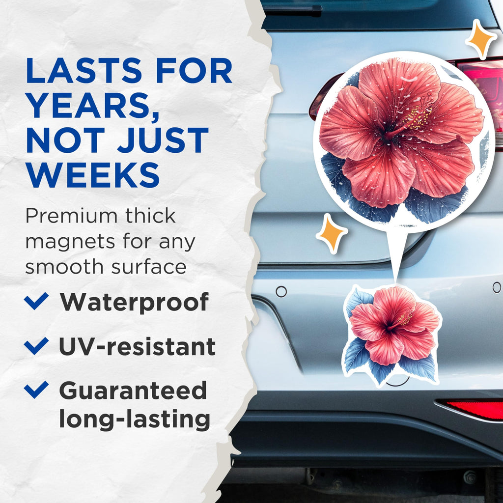 (2 Pack) Hibiscus Flower Magnets - Tropical Floral Decor - Botanical Art Kitchen Magnets - Nature Lover Accessory - 5 Inches On Longest Side - Thick Durable Magnet - Made in USA - MAG29171