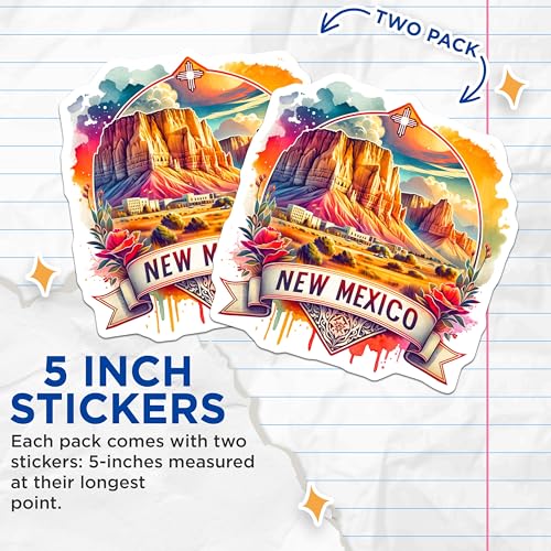 (2 Pack) New Mexico Adventure Stickers - Vibrant Landscape Art - Southwestern Desert Scene - 5" On Longest Side - Sticks to Smooth Flat Surfaces - Made in USA - BMCS7087