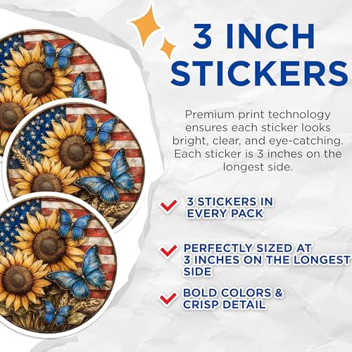 (3 Pack) Sunflower Butterfly Decals - American Flag Sticker - Laptop Decal - 3 Inches On Longest Side - Easy Peel & Apply - Made in USA - 3MCS8201