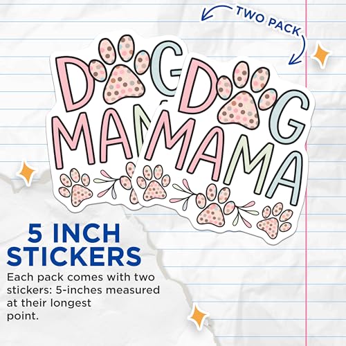 (2 Pack) Dog Mama Stickers - Pet Lover Decal - Cute Paw Print Stickers - Animal Rescue - Pet Parent - Paw Print Decor - 5" On Longest Side - Sticks to Smooth Flat Surfaces - Made in USA - BMCS6727