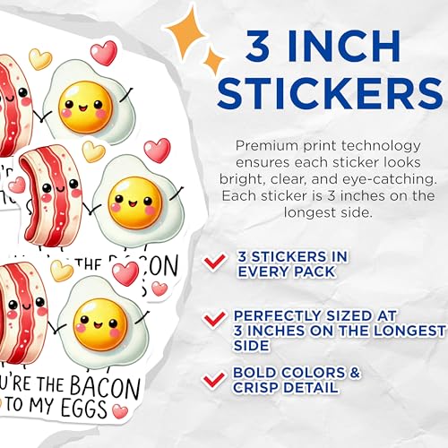 (3 Pack) Bacon and Eggs Decals - Foodie Quote Sticker - Cute Laptop Stickers - 3 Inches On Longest Side - Easy Peel & Apply - Made in USA - 3MCS2131