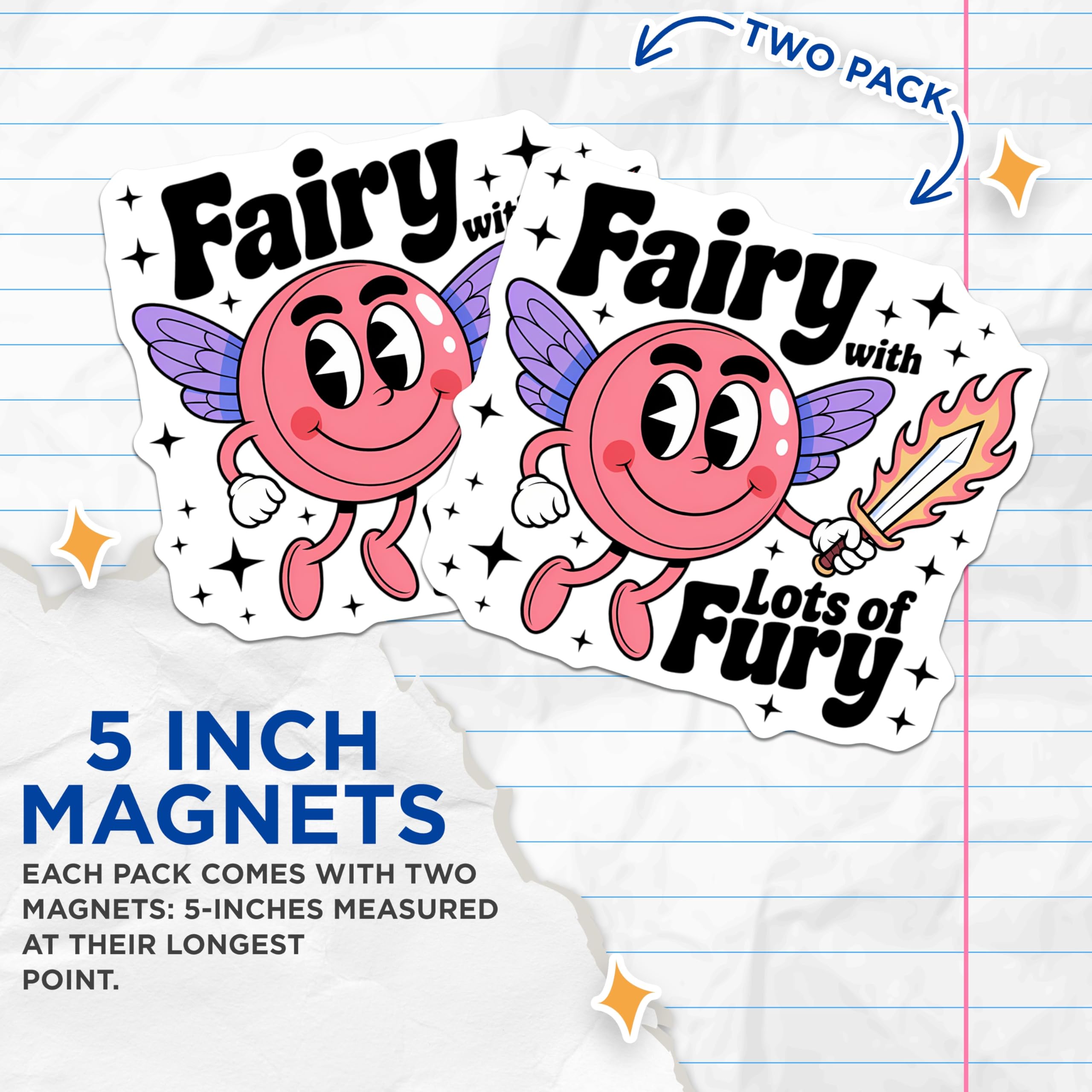 (2 Pack) Fairy with Lots of Fury Magnets - Retro Cartoon Character - Funny Fantasy Art Refrigerator Decor - 5 Inches On Longest Side - Thick Durable Magnet - Made in USA - MAG21803