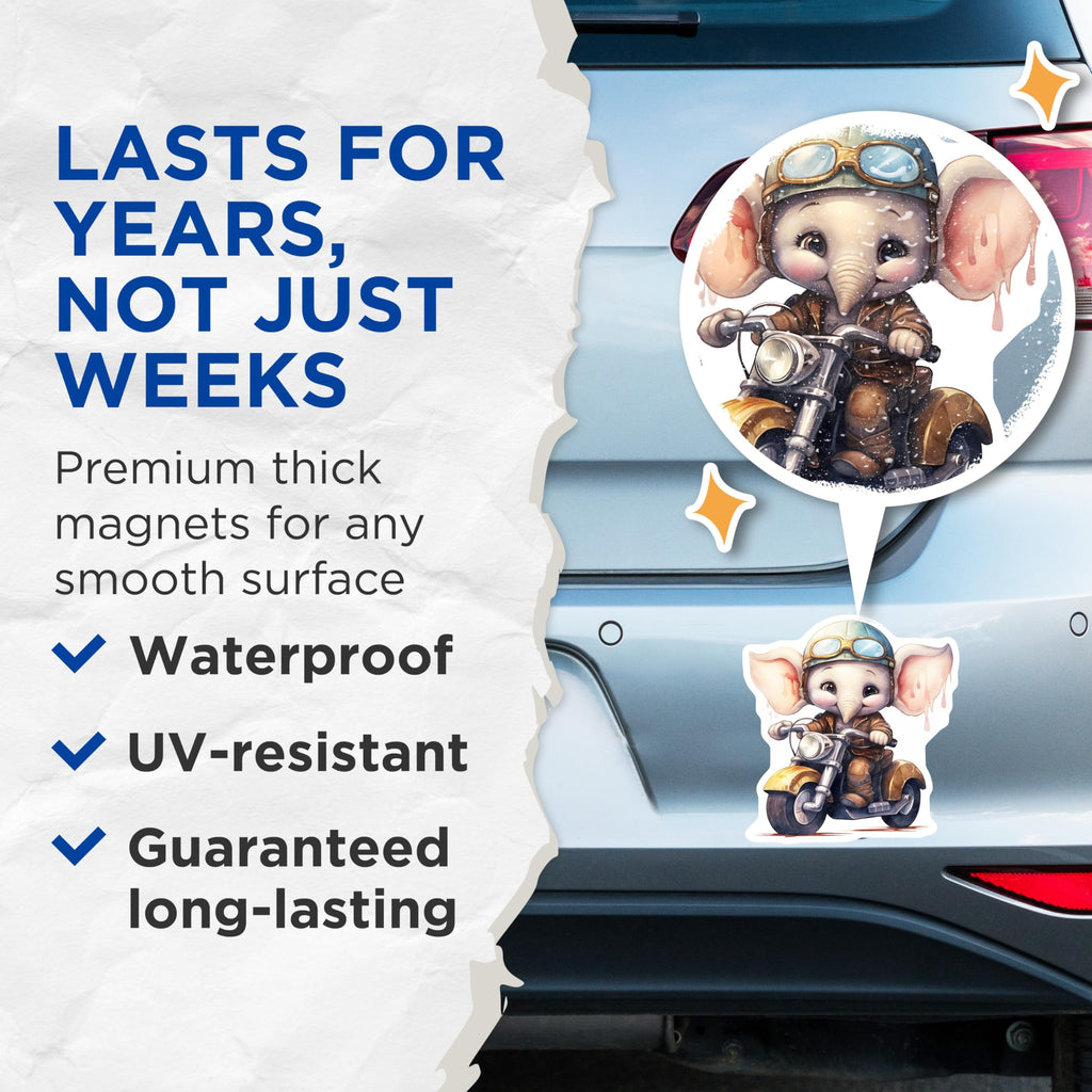 (2 Pack) Elephant Motorcycle Magnets - Cute Animal Art - Fridge Decor - 5" On Longest Side - Premium Magnet - for Cars, Refrigerators, Toolboxes, Lockers - Made in USA - MAG16975