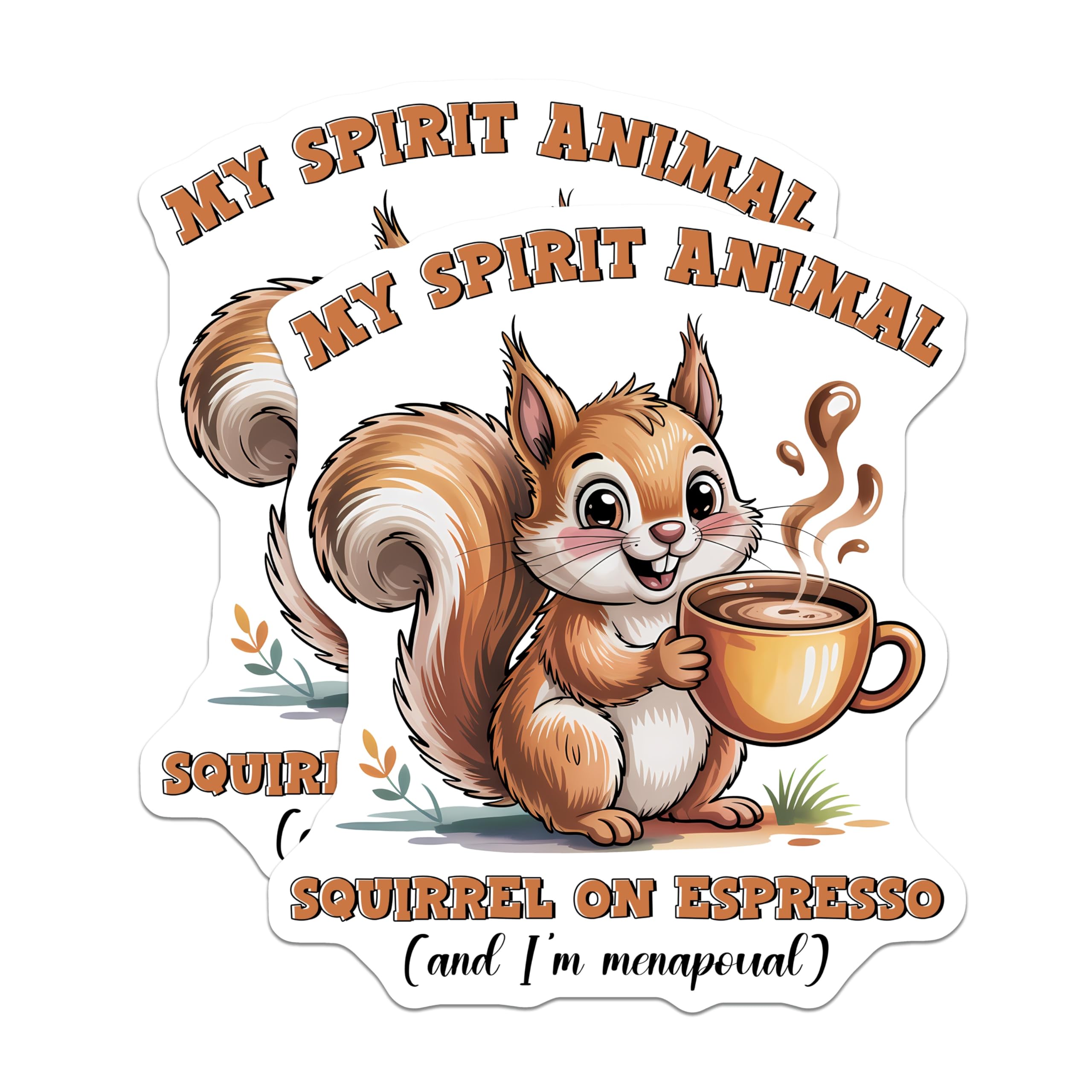(2 Pack) Squirrel On Espresso Stickers - Funny Spirit Animal - Coffee Lover Decals - 5" On Longest Side - Sticks to Smooth Flat Surfaces - Made in USA - BMCS14017