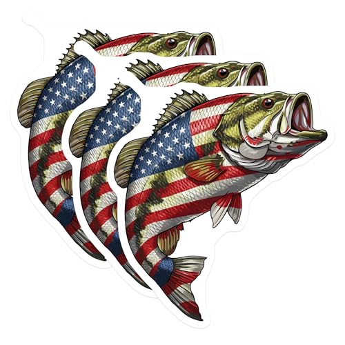(3 Pack) Bass Fish Decals - American Flag - Fishing Lover Decals - 3 Inches On Longest Side - Easy Peel & Apply - Made in USA - 3MCS8728