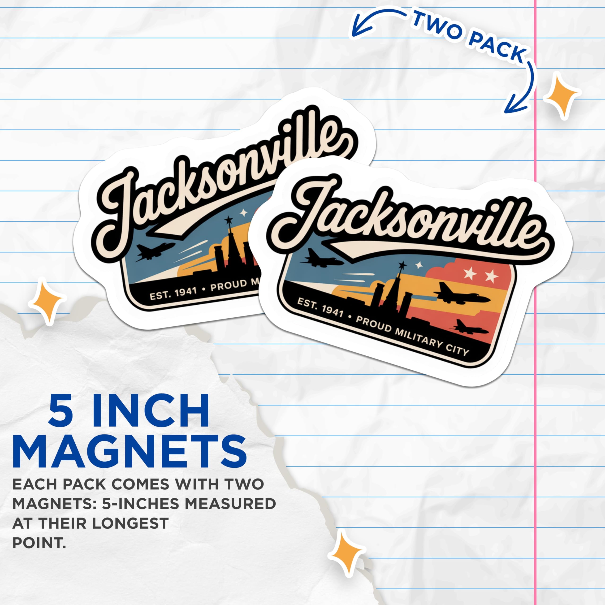 (2 Pack) Jacksonville Magnets - Military City Decor - Florida Souvenir Magnets - 5" On Longest Side - Premium Magnet - for Cars, Refrigerators, Toolboxes, Lockers - Made in USA - MAG18887