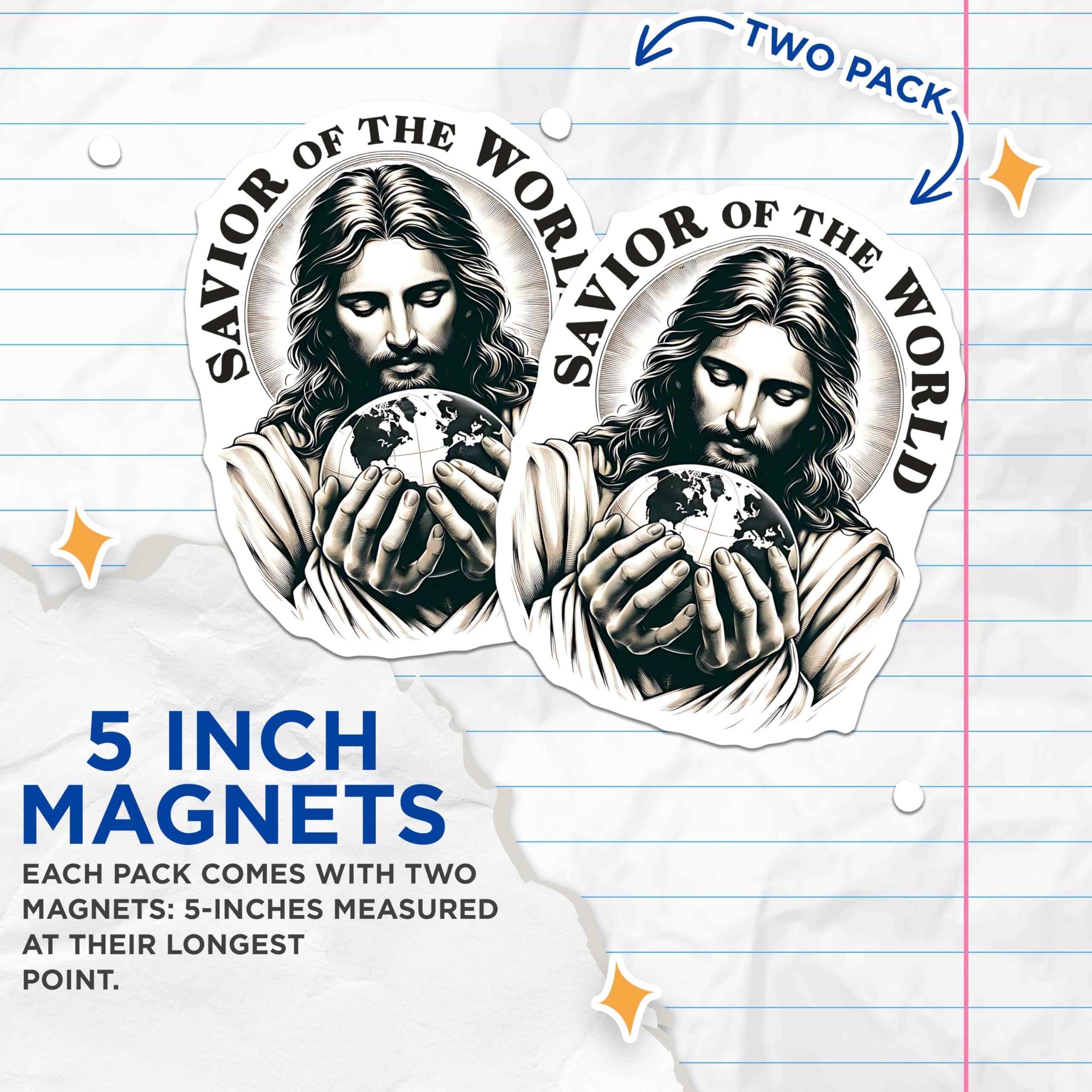 (2 Pack) Savior of the World Jesus Magnets - Christian Religious Faith Decor - Spiritual Devotional Art - 5 Inches On Longest Side - Thick Durable Magnet - Made in USA - MAG27447