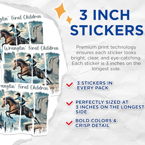 (3 Pack) Wranglin Feral Children Decals - Horseback Riding - Cowboy Cowgirl Decal- 3 Inches On Longest Side - Easy Peel & Apply - Made in USA - 3MCS5928