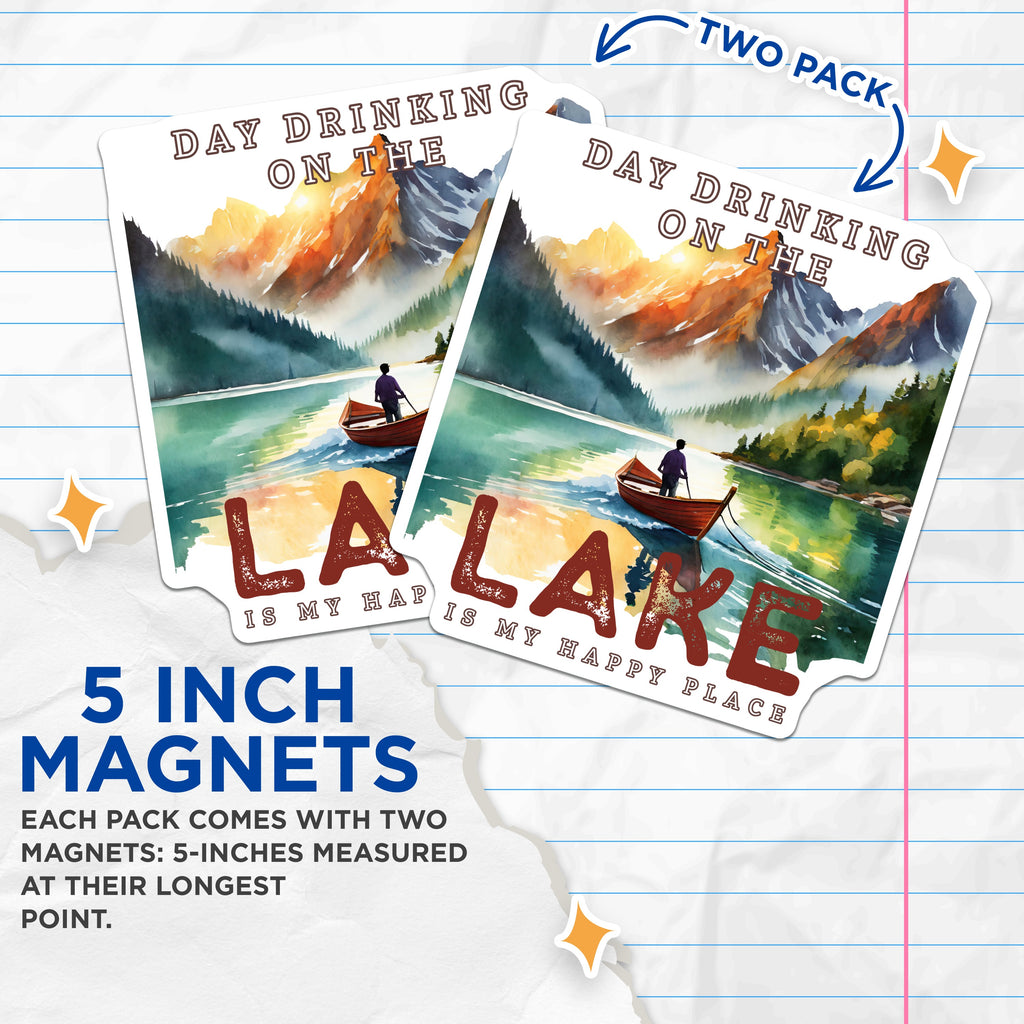 (2 Pack) Day Drinking Lake Magnets - Funny Lake Quote - Mountain Lake Decor - Boating Enthusiast Present - 5 Inches On Longest Side - Thick Durable Magnet - Made in USA - MAG37984
