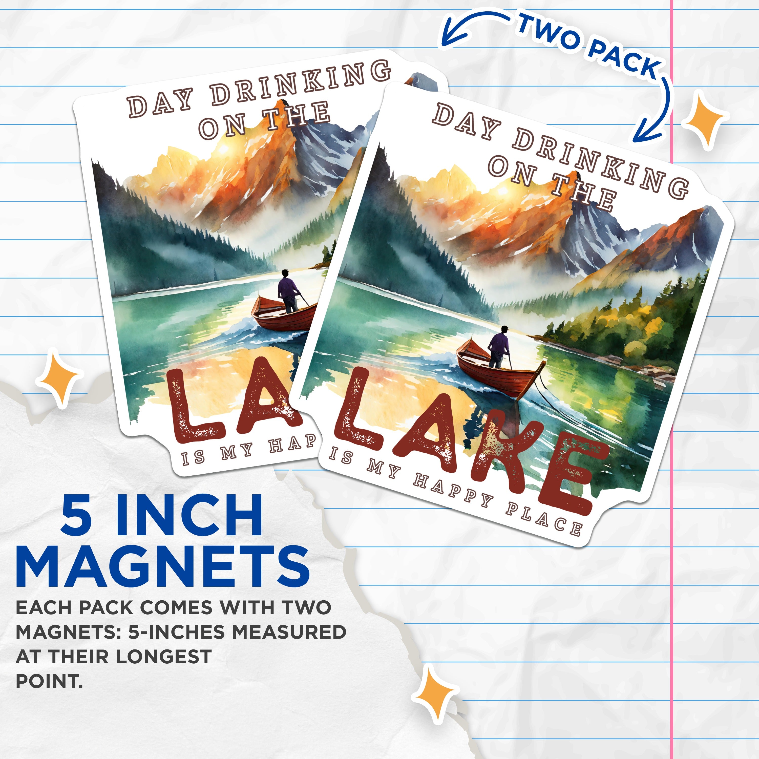 (2 Pack) Day Drinking Lake Magnets - Funny Lake Quote - Mountain Lake Decor - Boating Enthusiast Present - 5 Inches On Longest Side - Thick Durable Magnet - Made in USA - MAG37984
