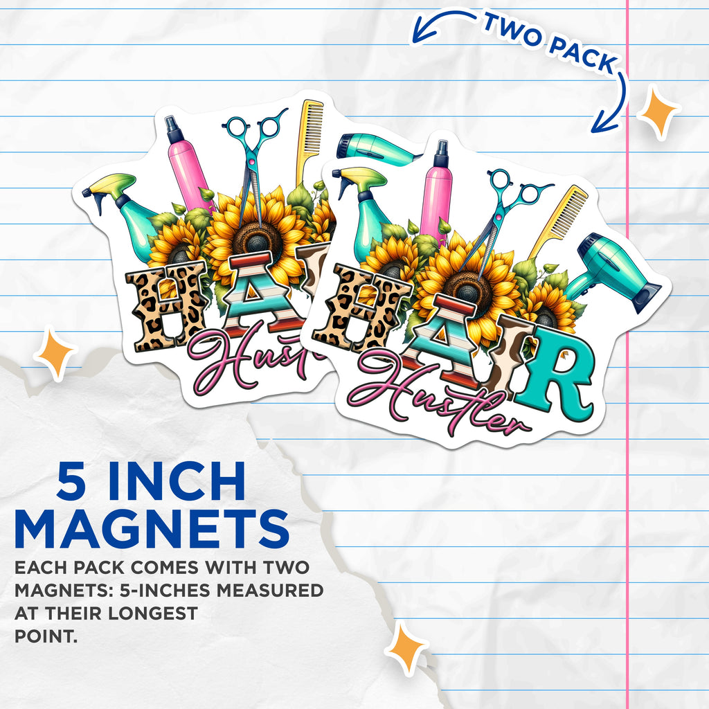 (2 Pack) Hair Hustler Magnets - Hair Stylist Decor - Cosmetology Student Present - Salon Professional Accessory - 5 Inches On Longest Side - Thick Durable Magnet - Made in USA - MAG37238