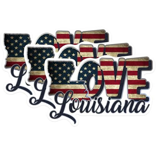 (3 Pack) Louisiana Love Decals - American Flag Pride - Laptop Decal - 3 Inches On Longest Side - Easy Peel & Apply - Made in USA - 3MCS0309