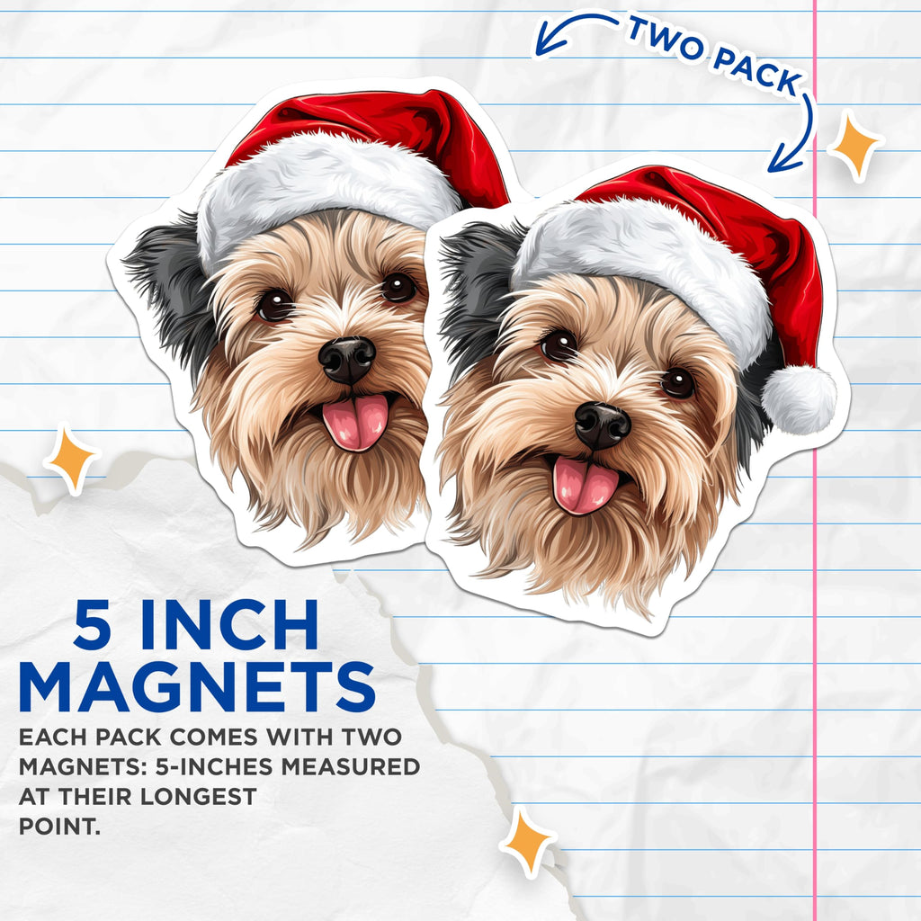 (2 Pack) Yorkshire Terrier Magnets - Festive Santa Hat Yorkie Dog - Christmas Holiday Pet Lover Decor - 5 Inches On Longest Side - Thick Durable Magnet - Made in USA - MAG23548