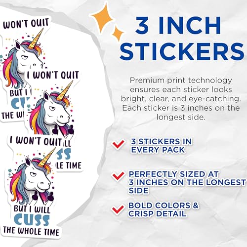 (3 Pack) Unicorn Decals - Funny Unicorn Saying - Sarcastic Laptop Decals - 3 Inches On Longest Side - Easy Peel & Apply - Made in USA - 3MCS6575