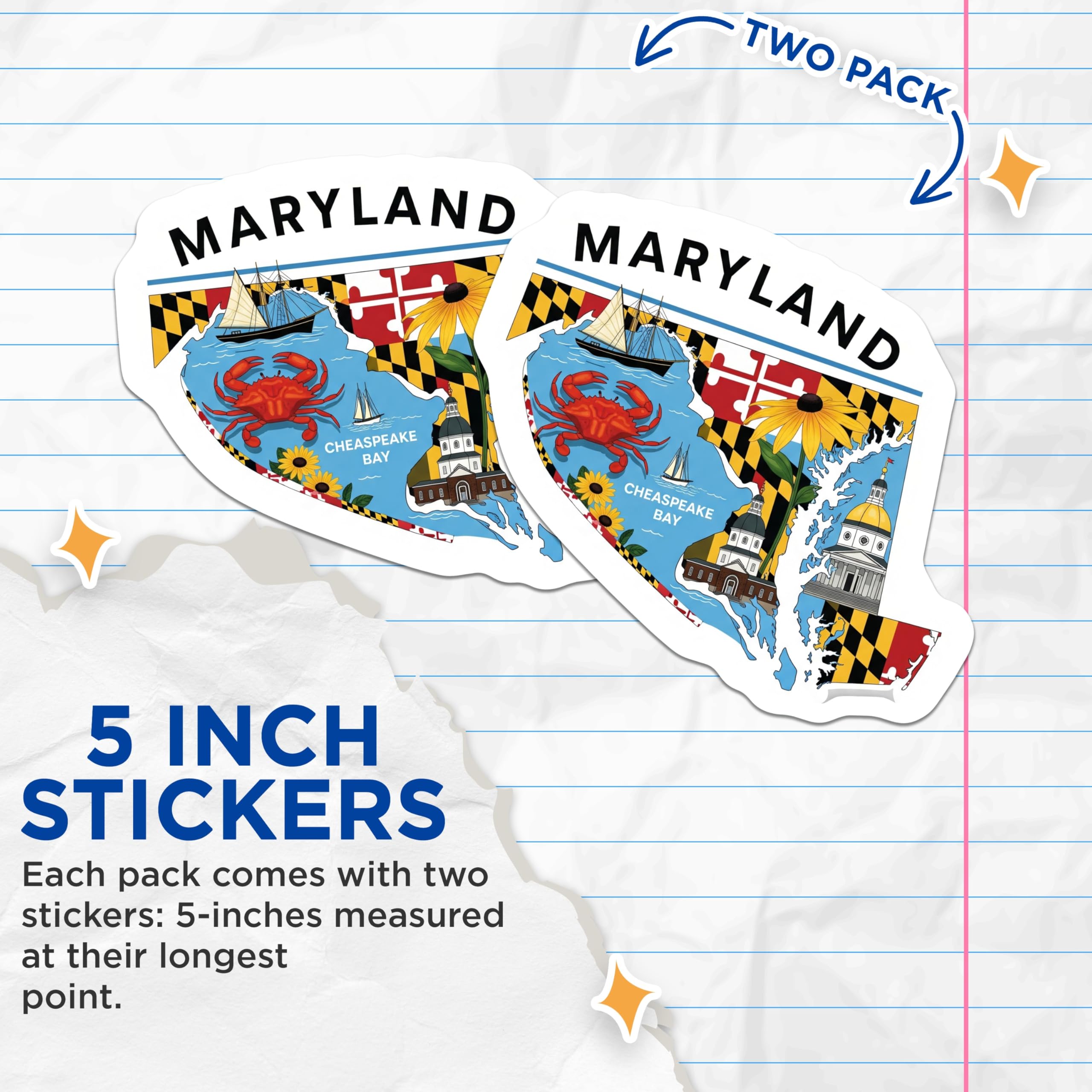 (2 Pack) Maryland Pride Stickers - State Flag Decals - Chesapeake Bay Souvenir - 5" On Longest Side - Sticks to Smooth Flat Surfaces - Made in USA - BMCS18046