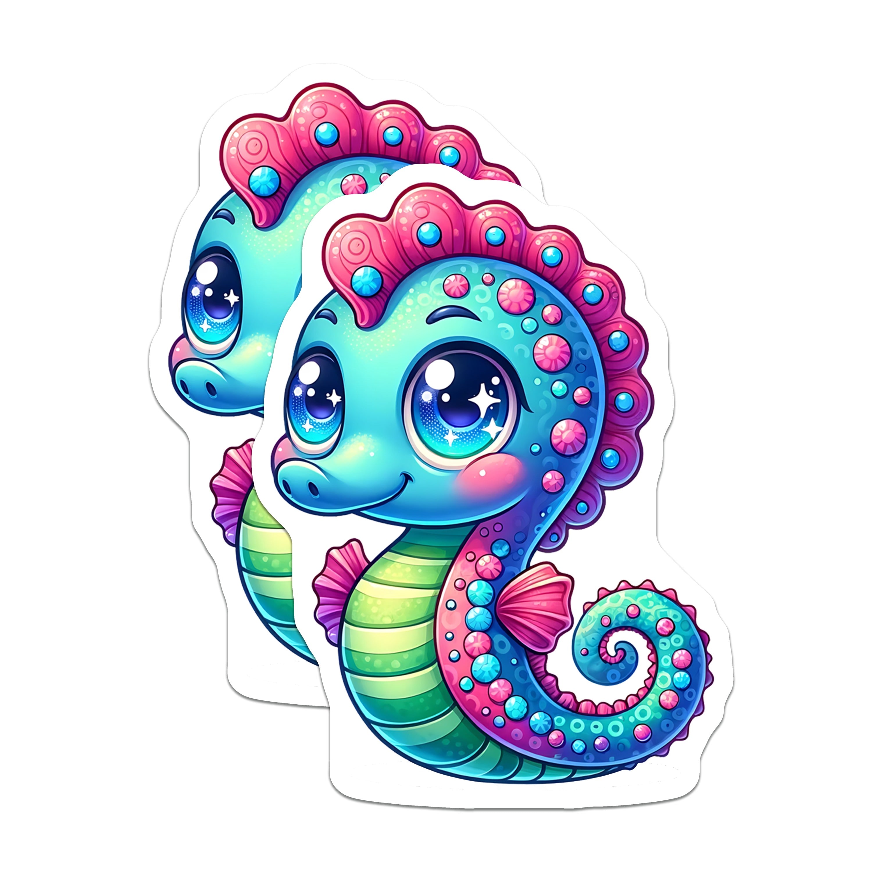 (2 Pack) Cute Kawaii Seahorse Magnets - Big Eyes Ocean Creature - Vibrant Fantasy Marine Life Locker Decor - 5 Inches On Longest Side - Thick Durable Magnet - Made in USA - MAG37858