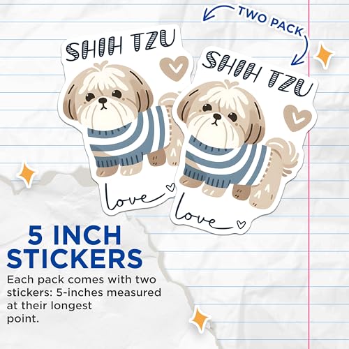 (2 Pack) Shih Tzu Love Stickers - Cute Dog Stickers - Pet Lovers Stickers - Dog Breed Stickers - Shih Tzu Decorations - 5" On Longest Side - Sticks to Smooth Flat Surfaces - Made in USA - BMCS7309