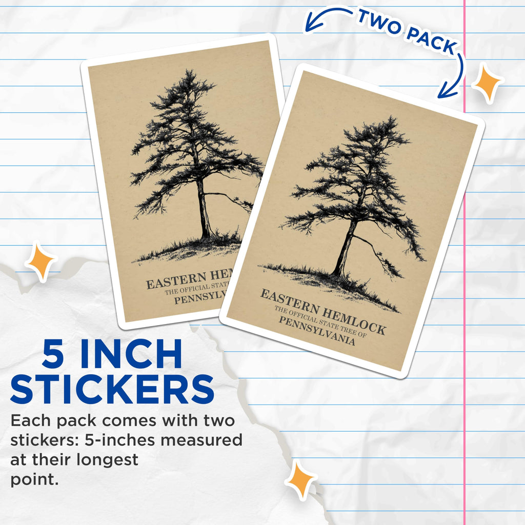 (2 Pack) Eastern Hemlock Stickers - Pennsylvania State Tree - Botanical Art Stickers - 5" On Longest Side - Sticks to Smooth Flat Surfaces - Made in USA - BMCS18355