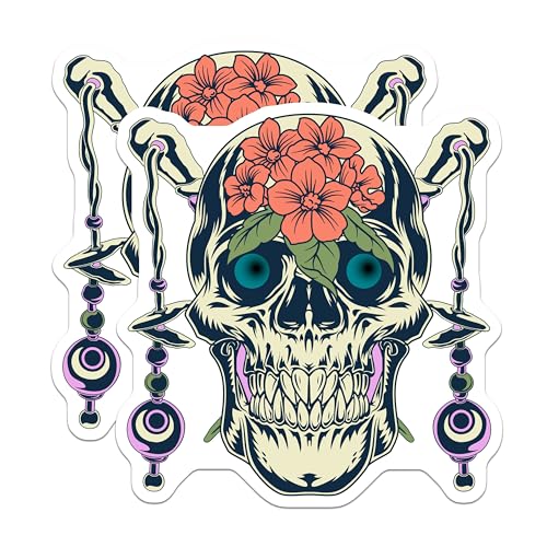 (2 Pack) Skull Floral Stickers - Tattoo Skull Design - Cool Skeletal Art Stickers - 5" On Longest Side - Sticks to Smooth Flat Surfaces - Made in USA - BMCS5533