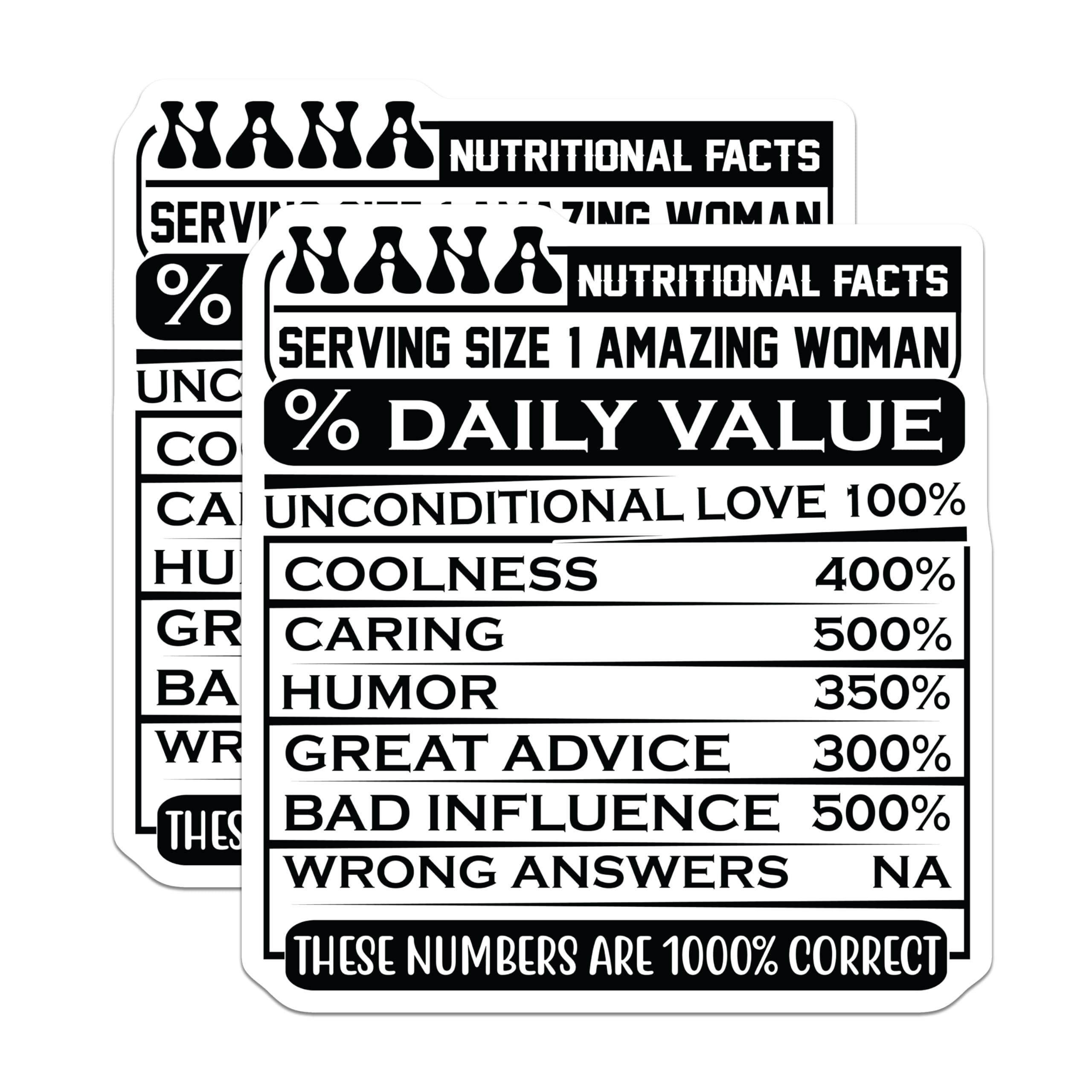 (2 Pack) Nana Nutrition Facts Magnets - Grandma Nutritional Info - Funny Nana Magnet - 5" On Longest Side - Premium Magnet - for Cars, Refrigerators, Toolboxes, Lockers - Made in USA - MAG15889