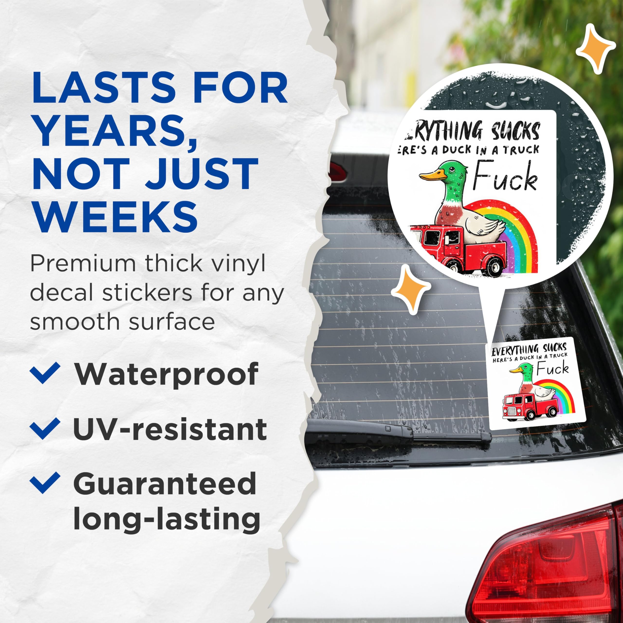 (2 Pack) Everything Sucks Stickers - Funny Duck in a Truck - Rainbow Illustration Sticker - 5" On Longest Side - Sticks to Smooth Flat Surfaces - Made in USA - BMCS5623