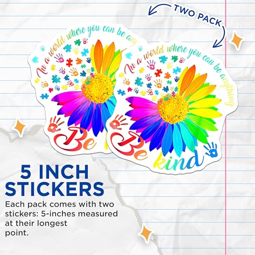 (2 Pack) Be Kind Stickers - Motivational Message Stickers - Colorful Inspirational Stickers - 5" On Longest Side - Sticks to Any Smooth Flat Surface - Made in USA - BMCS3511