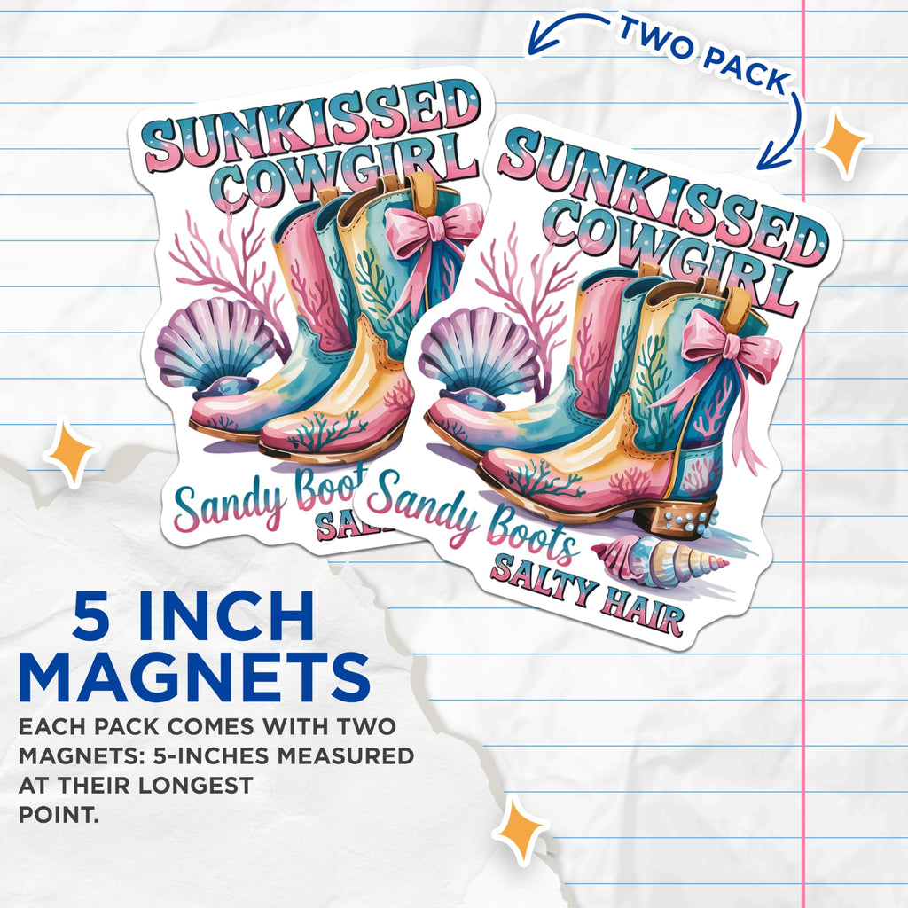 (2 Pack) Sunkissed Cowgirl Magnets - Coastal Western Beach Decor - Sandy Boots Salty Hair Design - Ocean Vibes Cowgirl Style - 5 Inches On Longest Side - Thick Durable Magnet - Made in USA - MAG21311