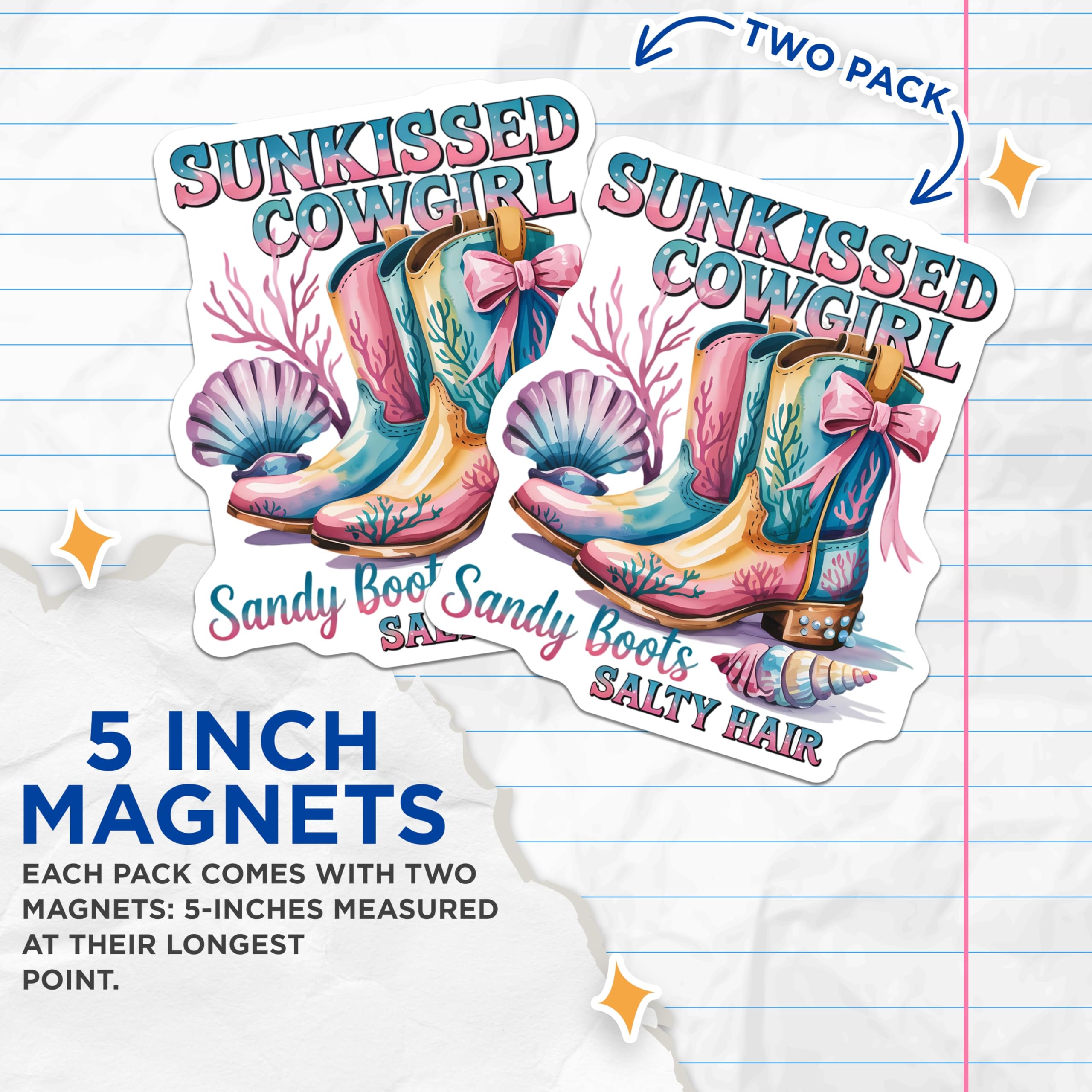 (2 Pack) Sunkissed Cowgirl Magnets - Coastal Western Beach Decor - Sandy Boots Salty Hair Design - Ocean Vibes Cowgirl Style - 5 Inches On Longest Side - Thick Durable Magnet - Made in USA - MAG21311