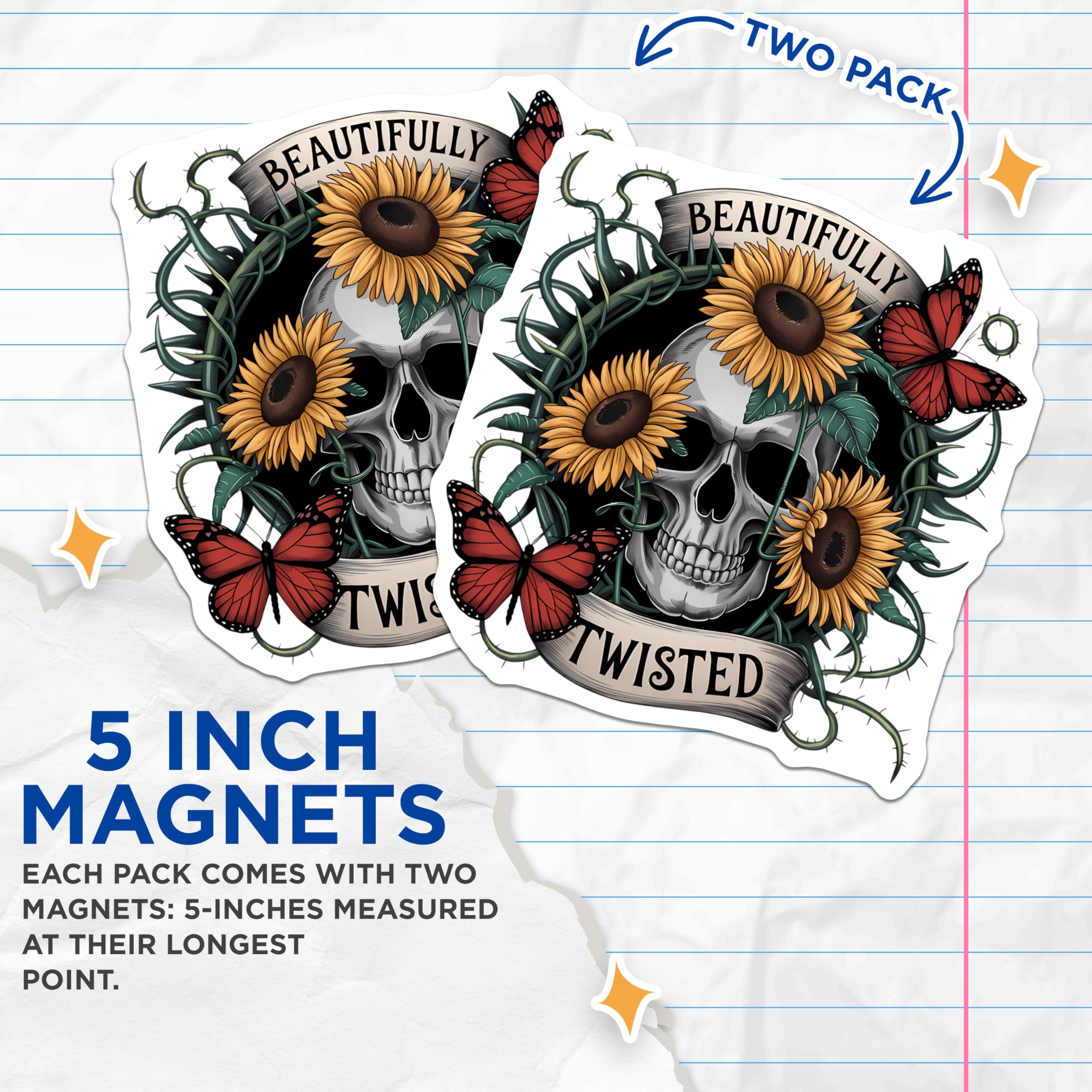 (2 Pack) Beautifully Twisted Skull Magnets - Sunflower Butterfly Gothic Decor - Macabre Aesthetic Refrigerator Art - 5 Inches On Longest Side - Thick Durable Magnet - Made in USA - MAG21002