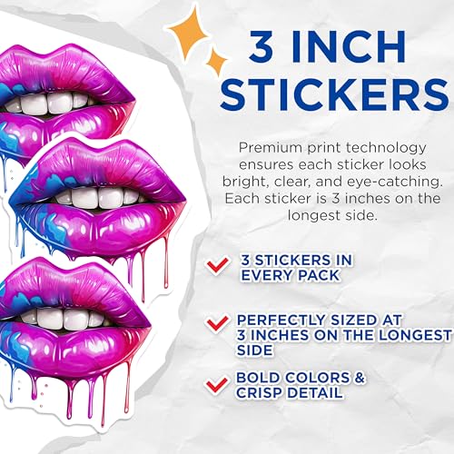 (3 Pack) Dripping Lips Decals - Colorful Lips Art - Laptop Decal- 3 Inches On Longest Side - Easy Peel & Apply - Made in USA - 3MCS5188