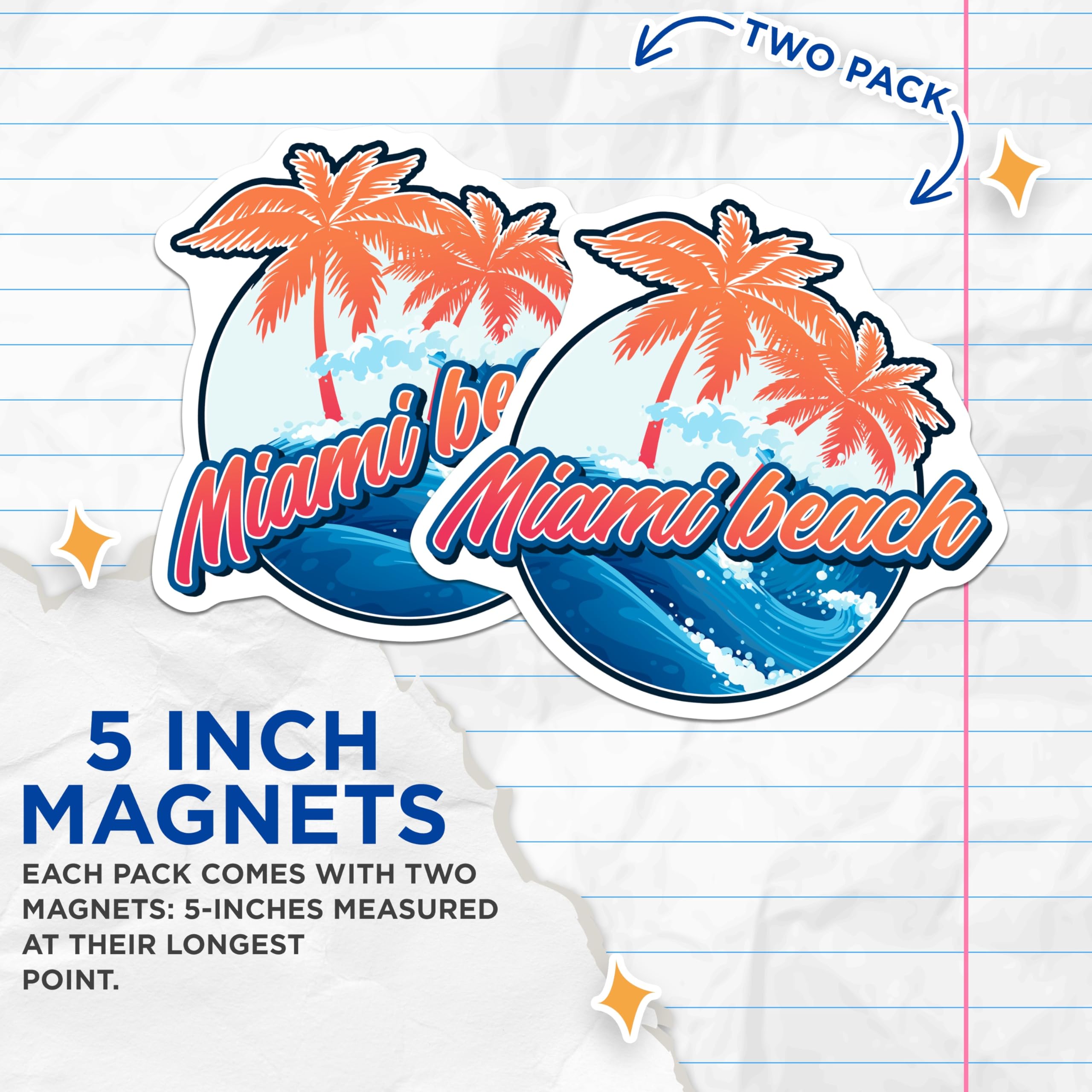 (2 Pack) Miami Beach Magnets - Palm Tree Decor - Tropical Vacation Fridge Magnets - 5" On Longest Side - Premium Magnet - for Cars, Refrigerators, Toolboxes, Lockers - Made in USA - MAG18572