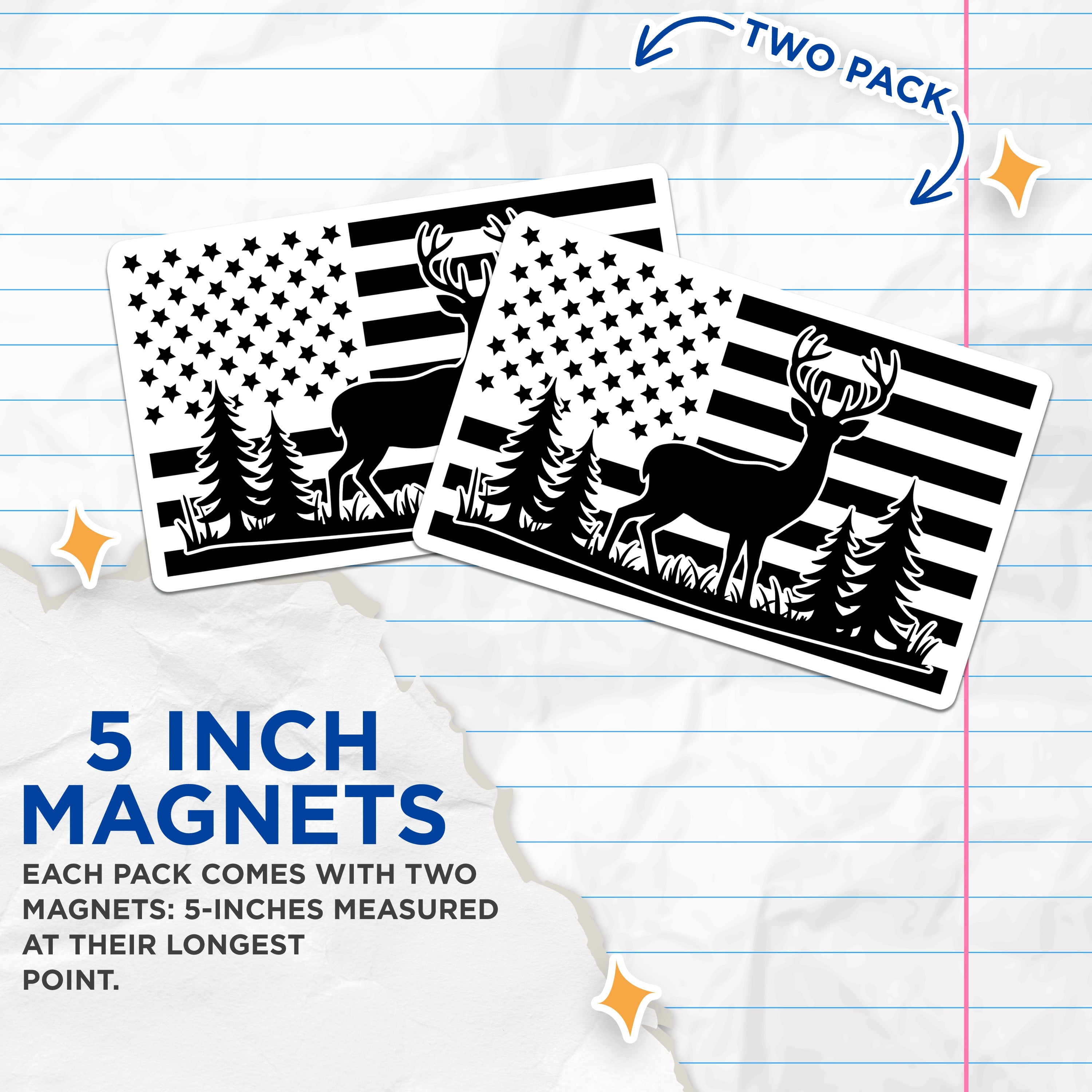 (2 Pack) American Flag Deer Magnets - Hunter Wildlife Cabin Decor - Patriotic Outdoorsman - 5 Inches On Longest Side - Thick Durable Magnet - Made in USA - MAG36137