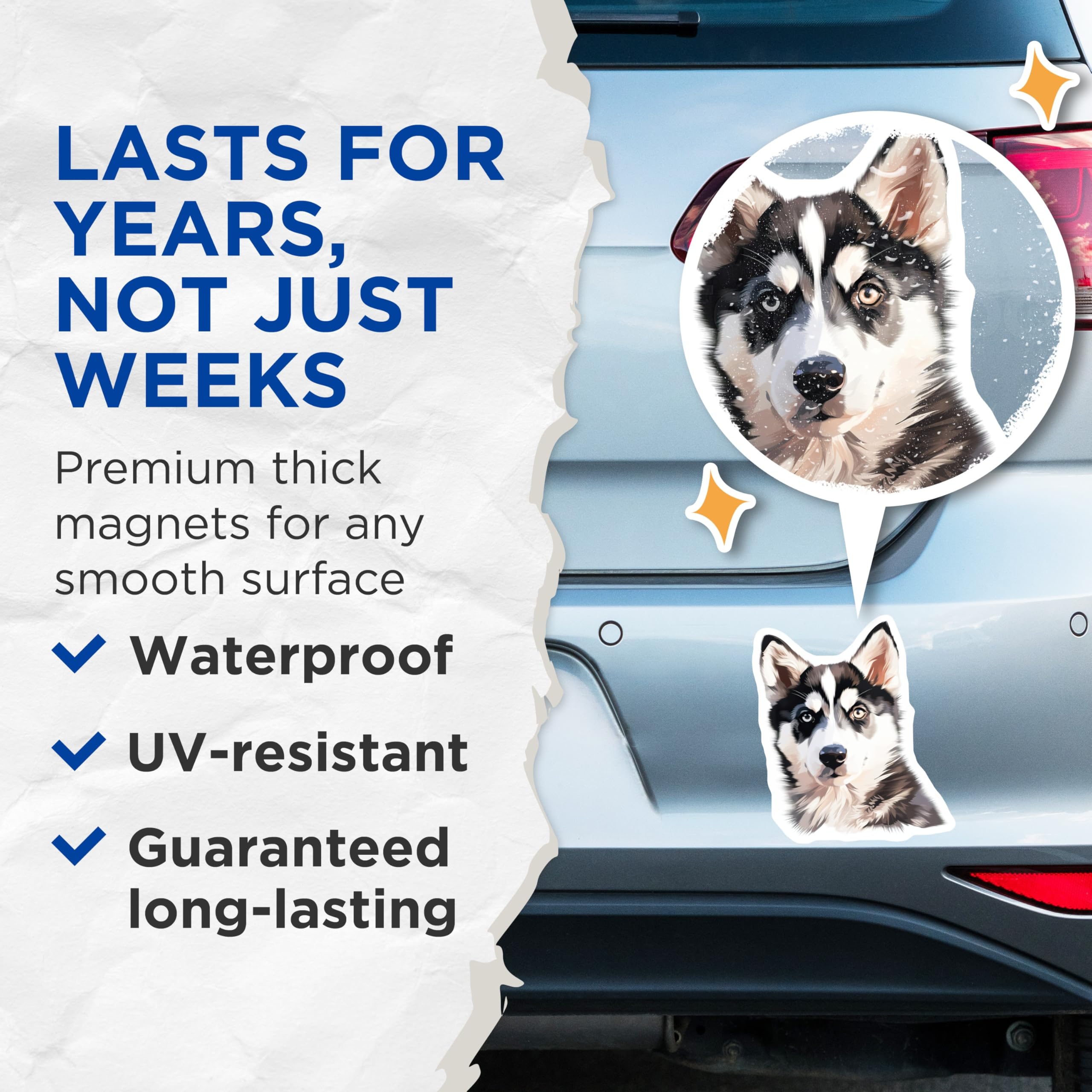 (2 Pack) Husky Dog Magnets - Siberian Dog Lover Decor - Pet Fridge Art - Heterochromia Eyes - 5 Inches On Longest Side - Thick Durable Magnet - Made in USA - MAG27261