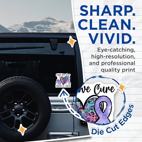 (2 Pack) Fight Love Cure Stickers - Pancreatic Cancer Awareness - Inspiring Cancer Support Stickers - 5" On Longest Side - Sticks to Smooth Flat Surfaces - Made in USA - BMCS4287