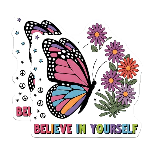 (2 Pack) Butterfly and Flower Magnets - Inspirational Quote - Colorful Butterfly - Believe in Yourself - 5" On Longest Side - for Cars, Fridges, Toolboxes - Made in USA - MAG4559