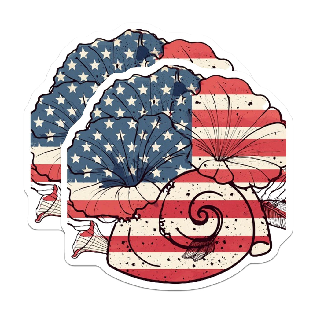 (2 Pack) Patriotic Seashell Stickers - American Flag Theme - Beach Ocean Sticker - 5" On Longest Side - Sticks to Smooth Flat Surfaces - Made in USA - BMCS8990